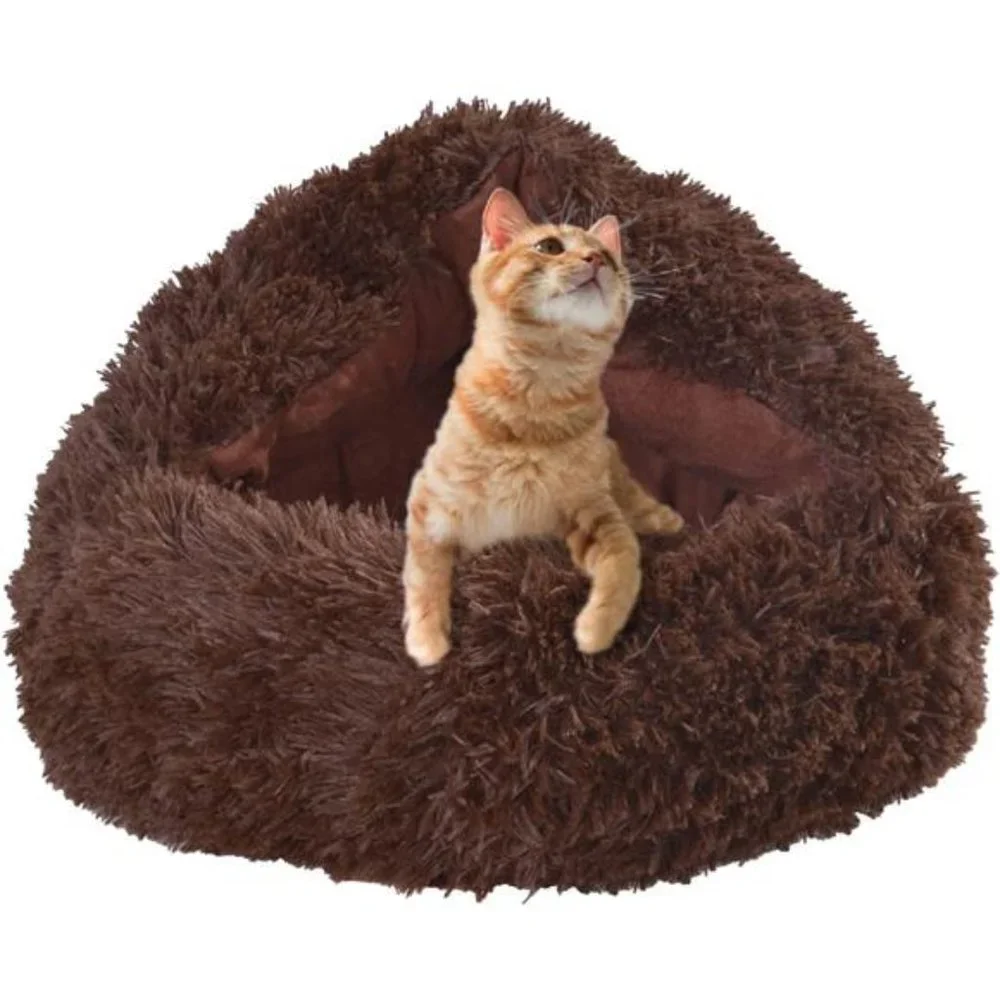Round Soft Plush Fluffy Dog Bed - 22 Inch Small Dog Cave Bed Cat Bed, Self Warm